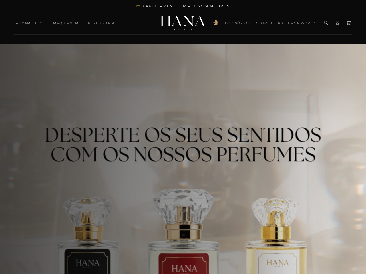 Página inicial do site Hana Beauty, com perfumes da marca em destaque